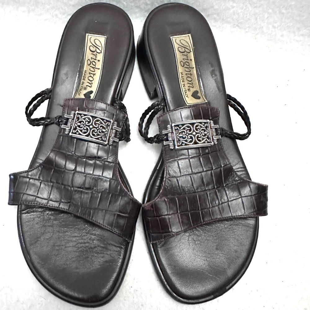 Brighton 6M Mavis Brown Croc Leather Slide Sandals Silver Filigree Italy